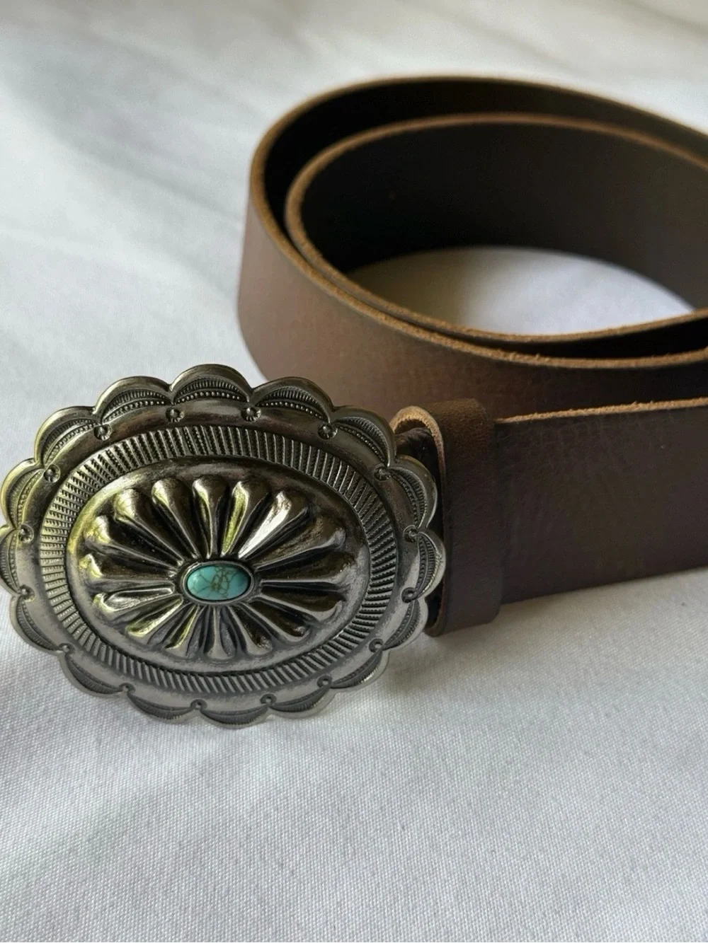 Banana Republic Brown Leather Belt with Silver Turquoise Concho Buckle